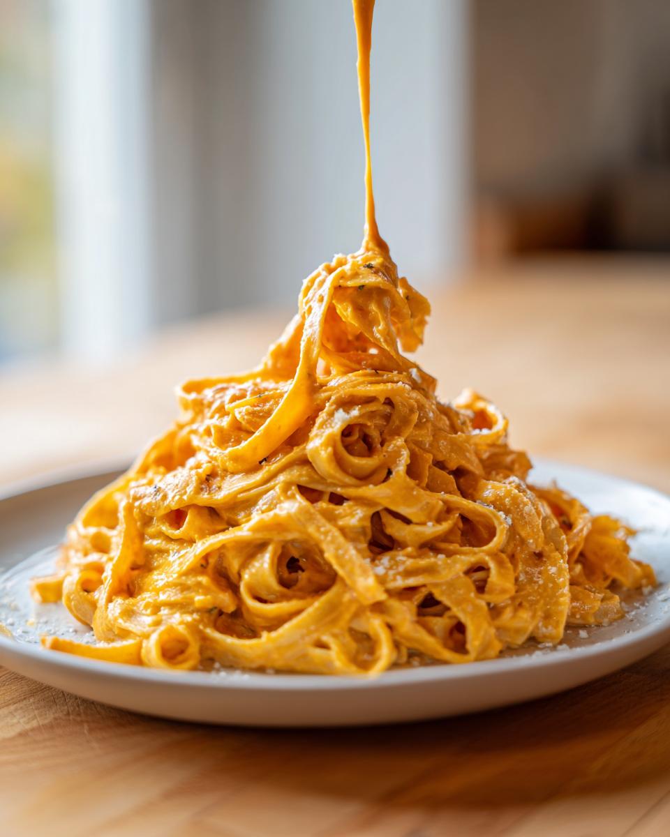 A tall mound of fettuccine butternut squash pasta being drizzled with extra creamy sauce on a white plate.