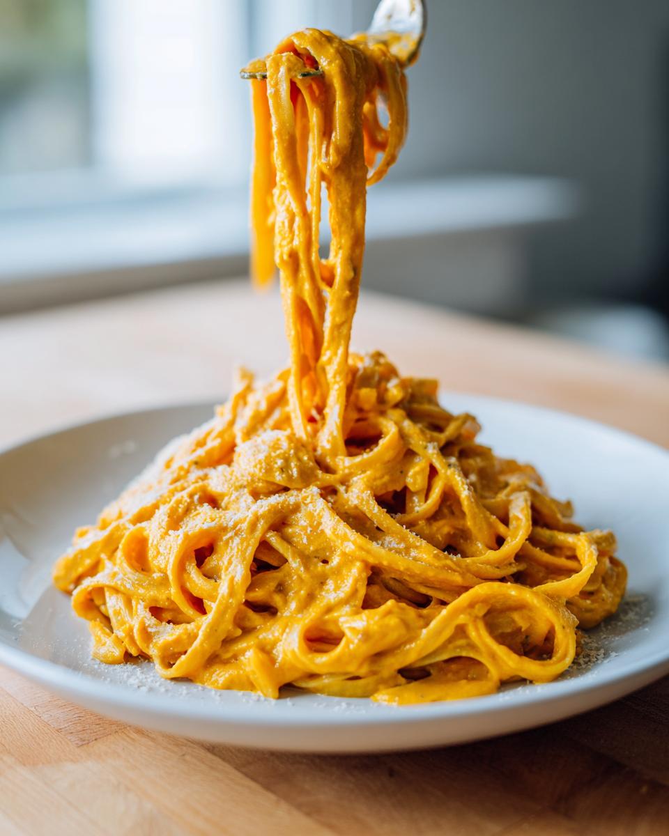 A fork lifting long strands of creamy butternut squash pasta from a white plate, showing the rich orange sauce.
