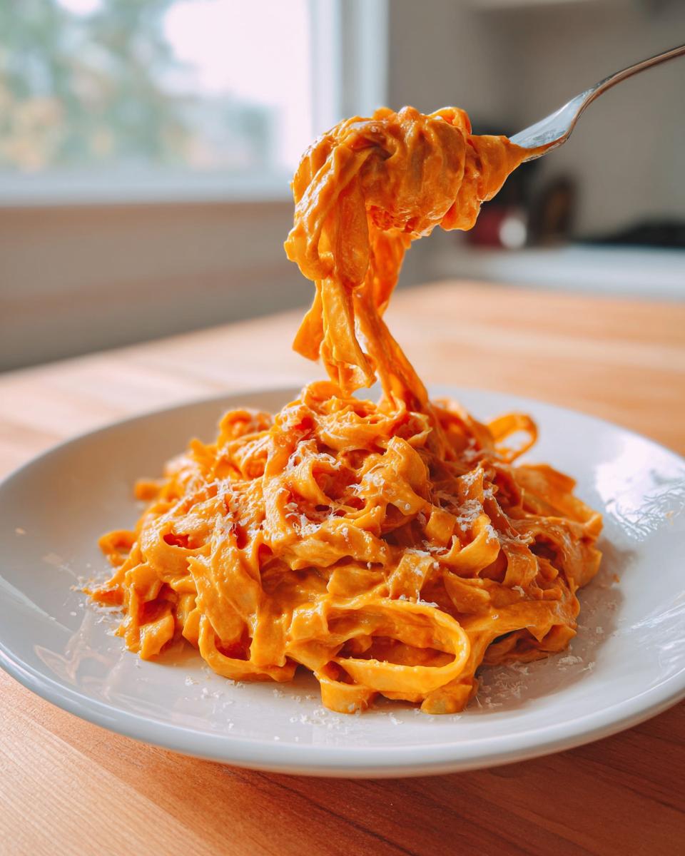 A fork lifting a generous twirl of creamy butternut squash pasta from a white plate.