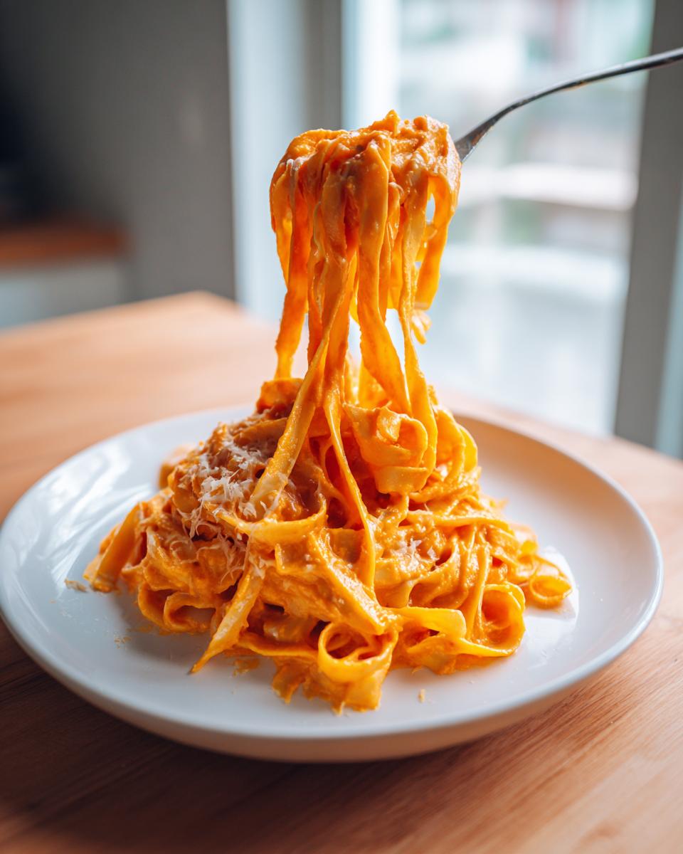 A fork lifting a generous portion of creamy butternut squash pasta from a white plate.