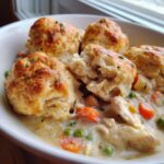 Close-up of creamy chicken and dumplings with biscuits, showing tender chicken, peas, and carrots.