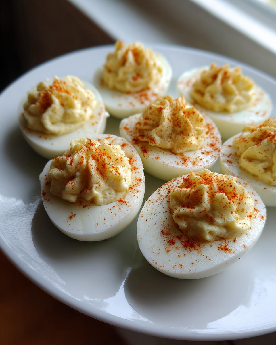 A plate of perfectly piped, creamy deviled eggs, generously sprinkled with bright red paprika.