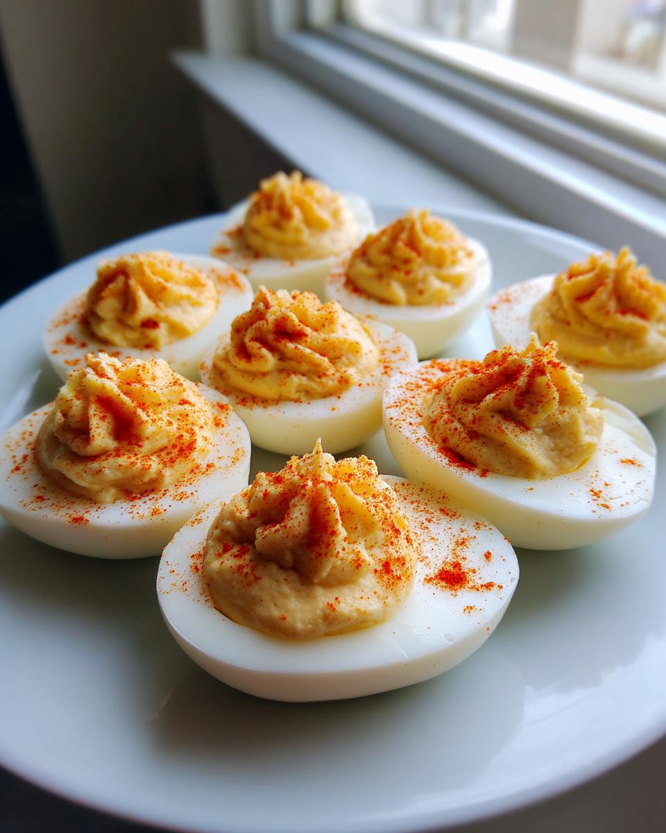A plate of perfectly piped, creamy deviled eggs dusted with paprika, ready to serve.