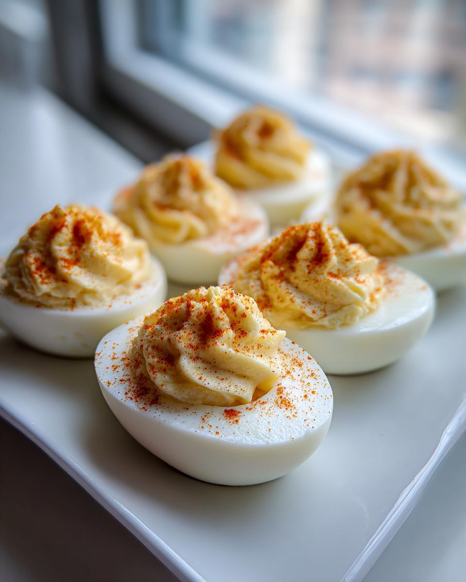 A plate of perfectly piped, creamy deviled eggs sprinkled with paprika seasoning.