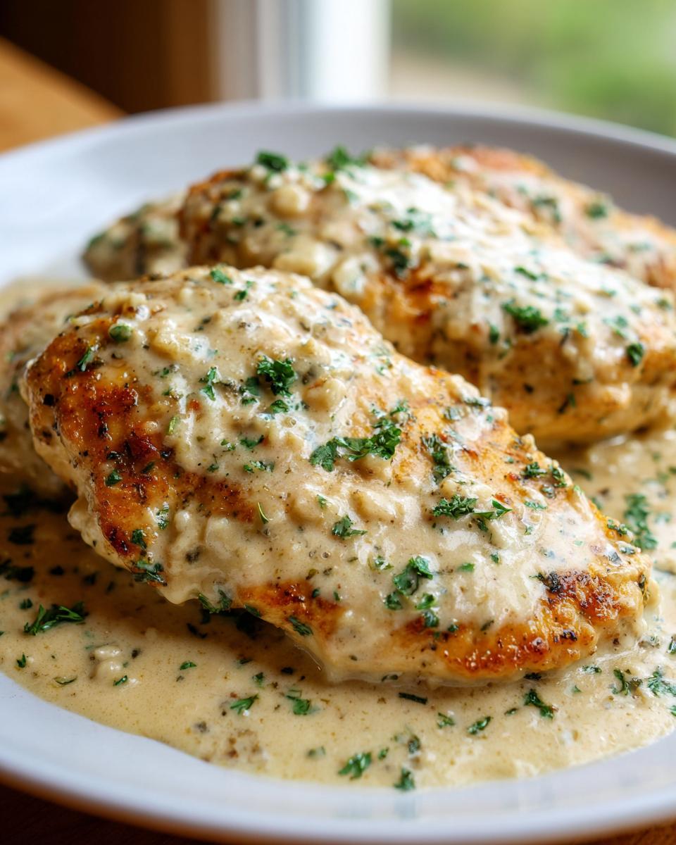 Close-up of seared chicken breasts smothered in a rich, creamy garlic parmesan chicken sauce and topped with fresh parsley.