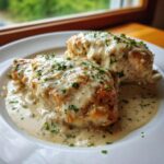 Two golden-brown chicken breasts smothered in creamy garlic parmesan sauce and topped with fresh parsley.