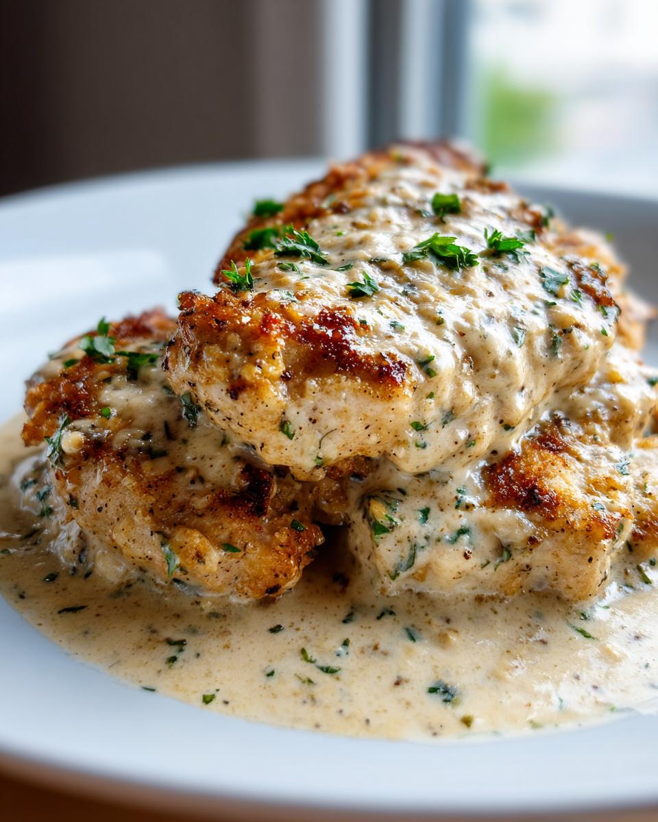 Close-up of pan-seared garlic parmesan chicken breasts smothered in a creamy sauce and garnished with parsley.
