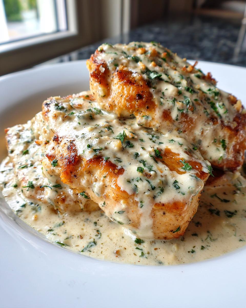 Two golden-brown chicken breasts smothered in a creamy garlic parmesan chicken sauce with fresh parsley.