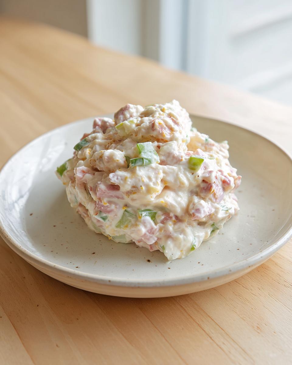 A close-up of a generous scoop of creamy ham salad mixed with diced green peppers, served on a speckled white plate.