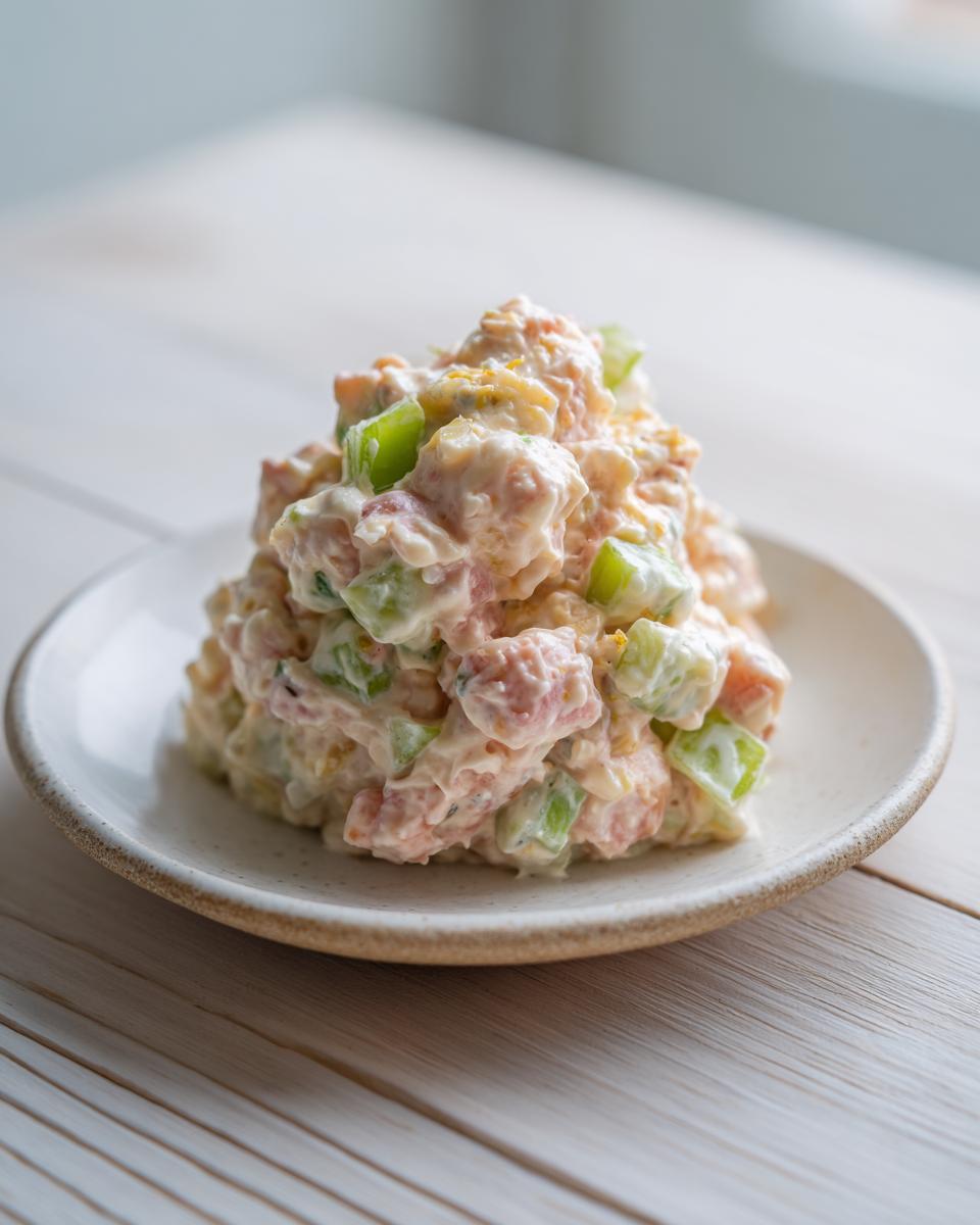 A close-up, beautifully plated scoop of creamy ham salad mixed with diced celery and pink ham chunks.