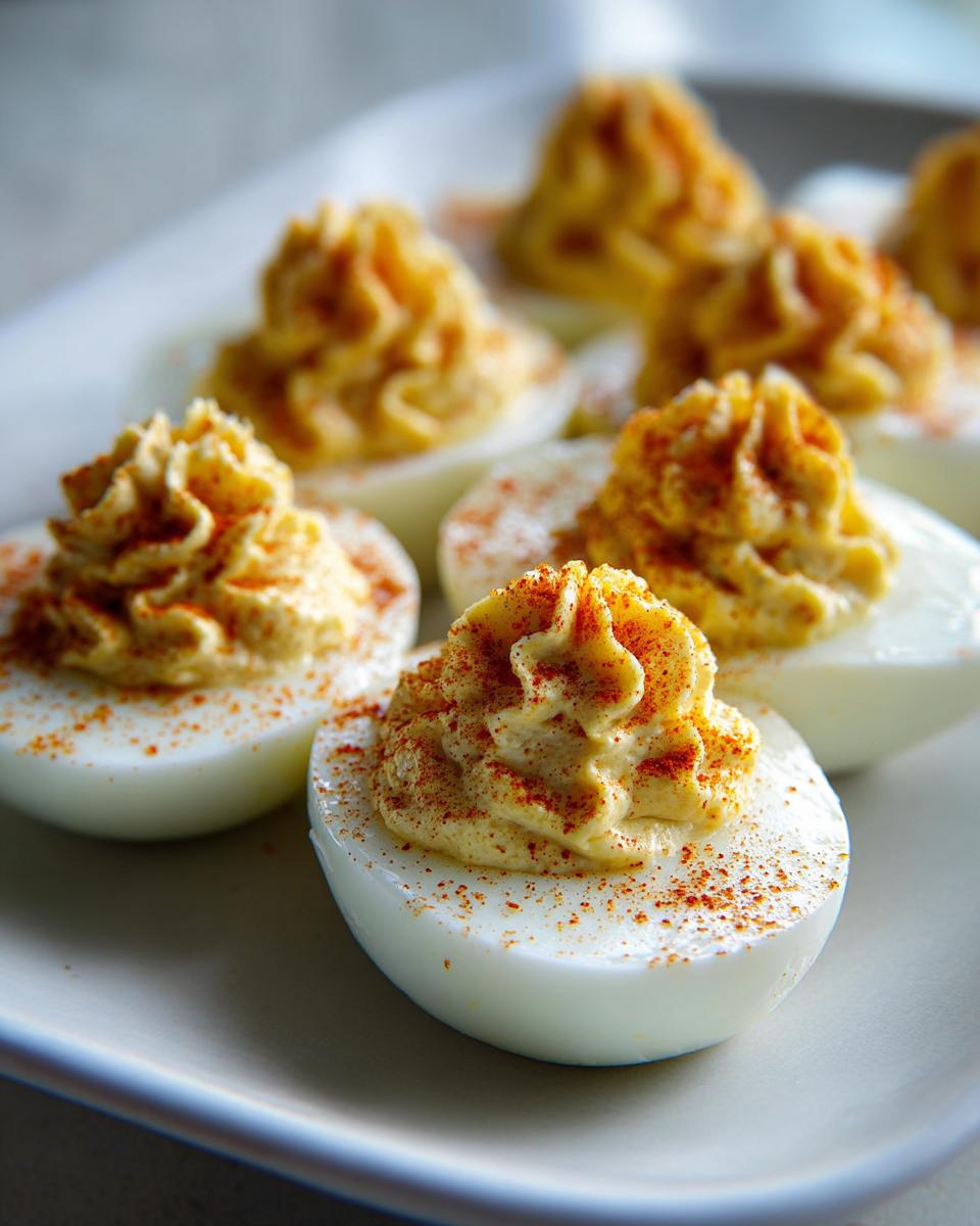Close-up of perfectly piped, creamy deviled eggs dusted generously with paprika on a white platter.