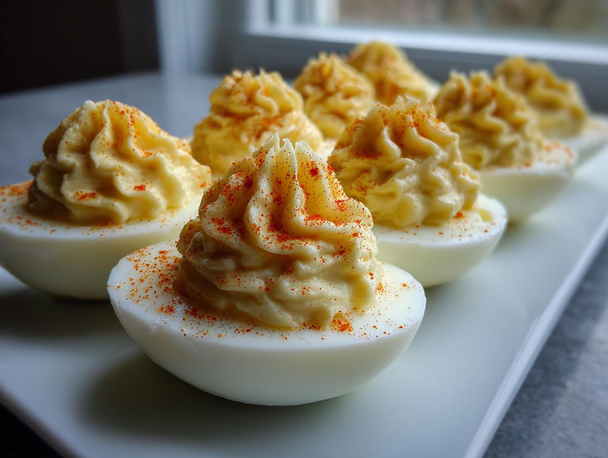 A row of perfectly piped, creamy deviled eggs dusted with paprika, ready to serve.