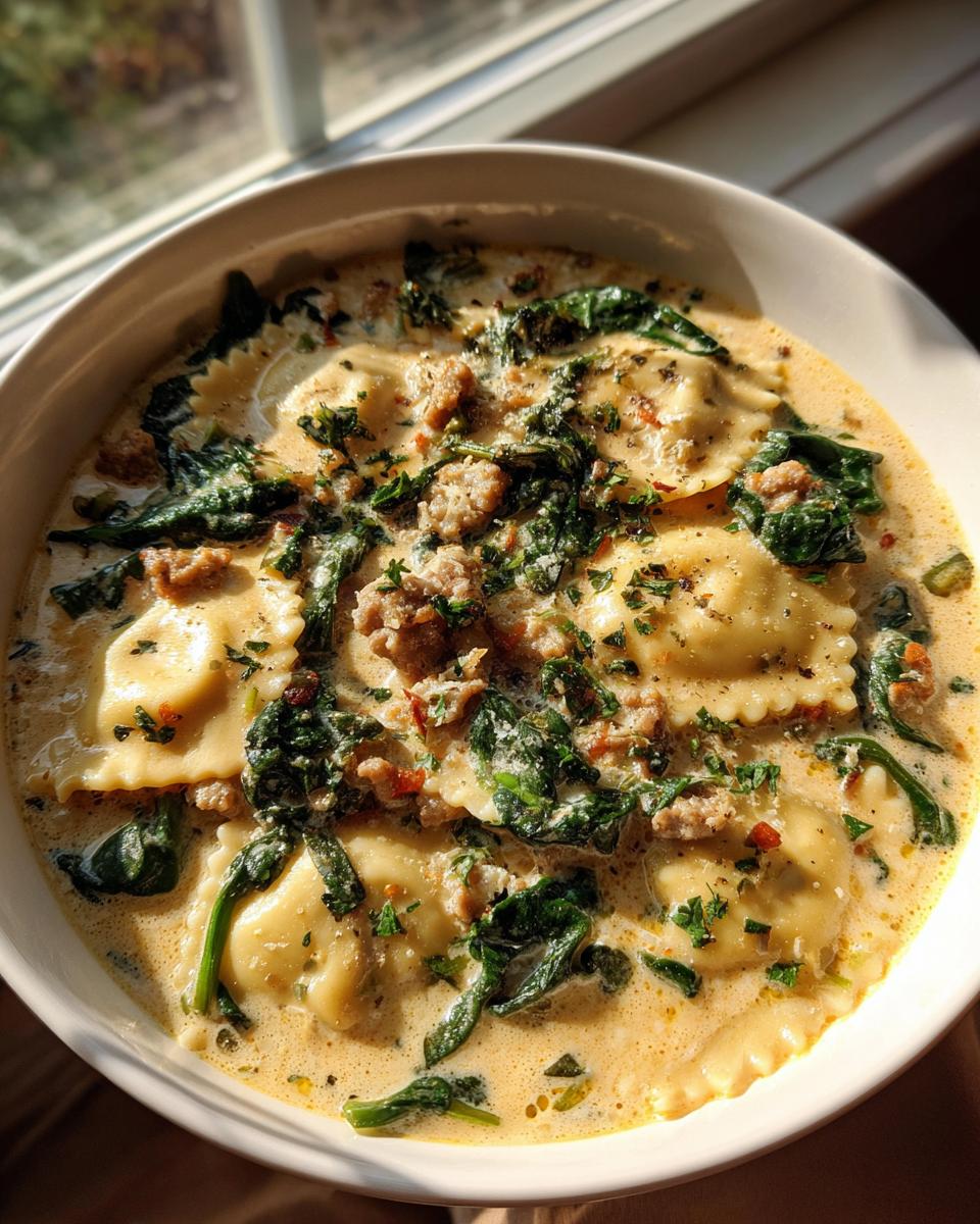 Close-up of a bowl of creamy ravioli soup topped with crumbled sausage and wilted spinach.