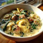 A close-up of a bowl of creamy ravioli soup featuring cheese ravioli, browned sausage pieces, and wilted spinach.