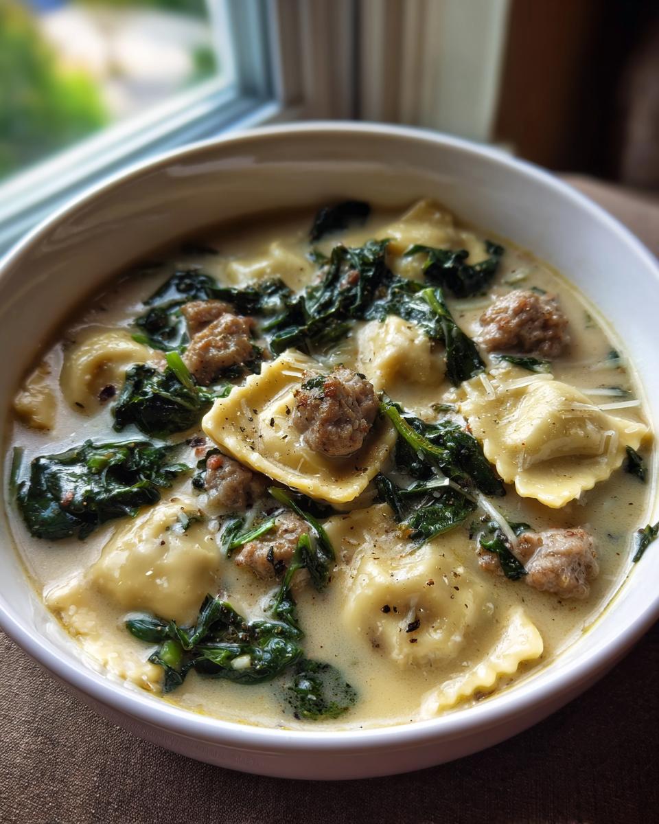 A close-up of a hearty bowl of creamy ravioli soup featuring cheese ravioli, sausage meatballs, and wilted spinach.