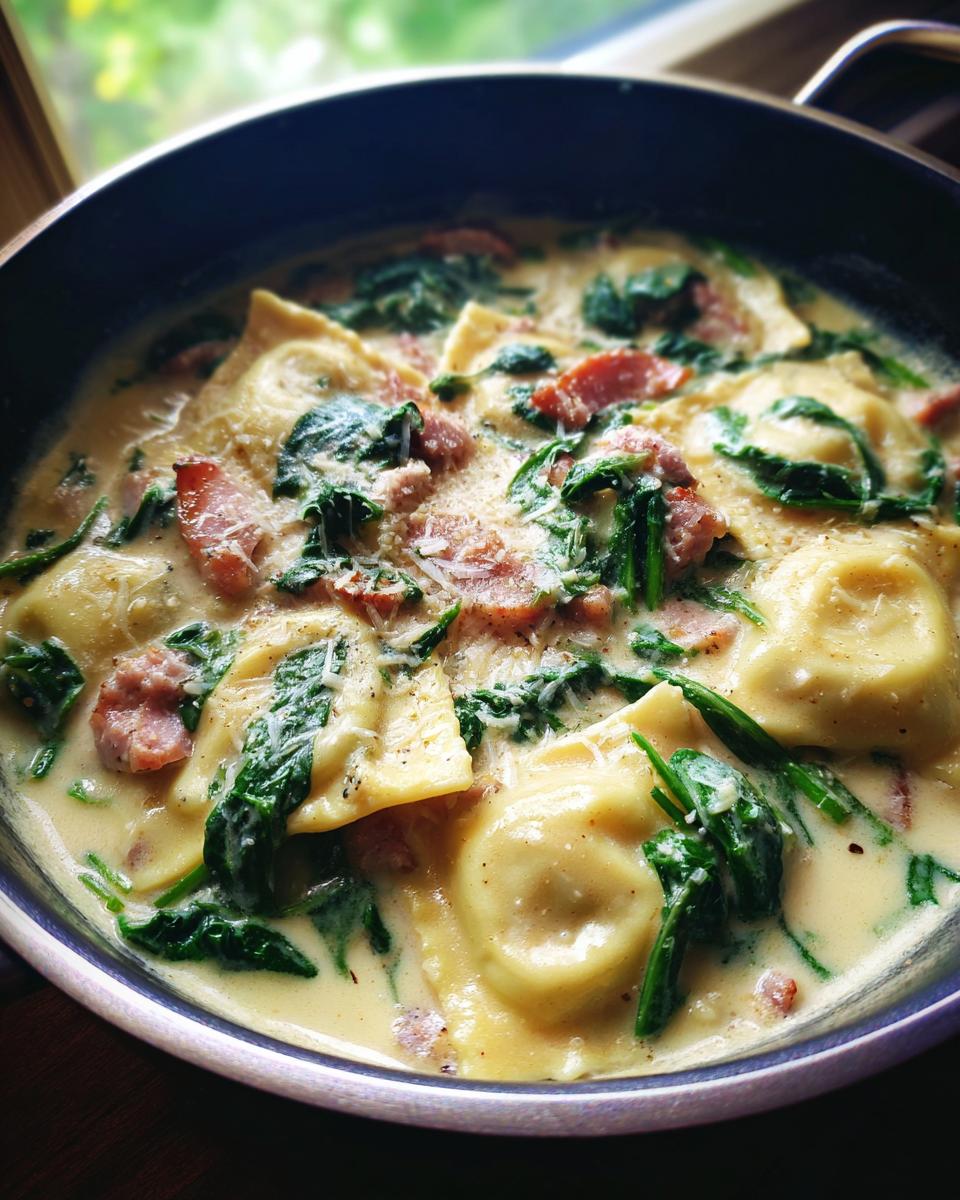 Close-up of creamy ravioli soup featuring cheese ravioli, wilted spinach, and pieces of bacon.
