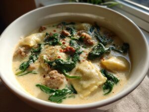 Close-up of a bowl of creamy ravioli soup featuring cheese ravioli, sausage, and wilted spinach.