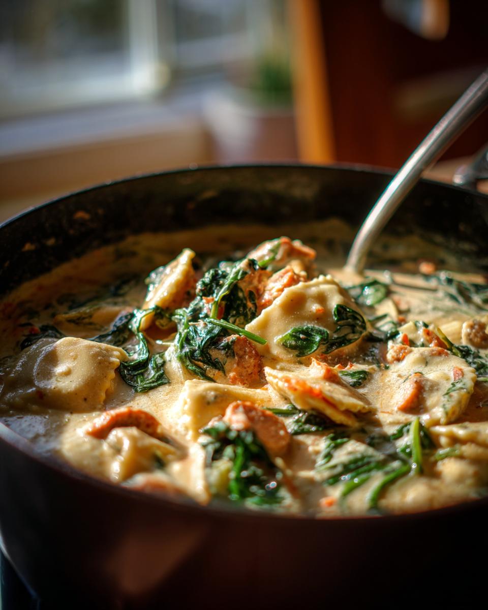 Close-up of creamy ravioli soup in a pot, featuring cheese ravioli, wilted spinach, and sun-dried tomatoes.