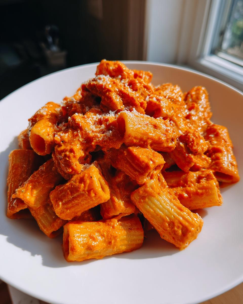 A close-up of rigatoni pasta coated in rich, creamy tomato pasta sauce, topped with grated Parmesan cheese.