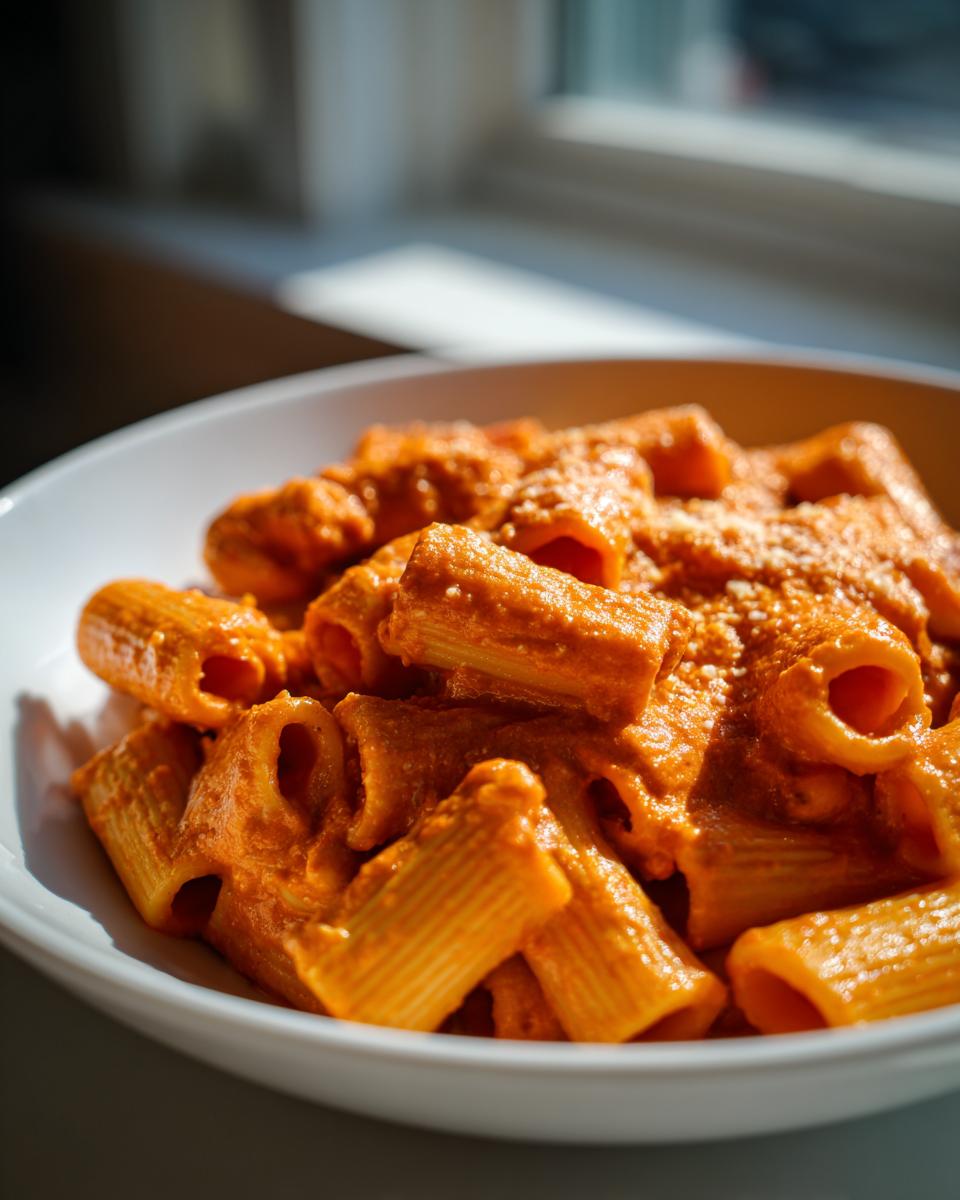 Close-up of rigatoni pasta coated in rich, creamy tomato pasta sauce, sprinkled with cheese.