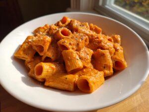 A close-up shot of rigatoni pasta coated in rich, creamy tomato pasta sauce in a white bowl.