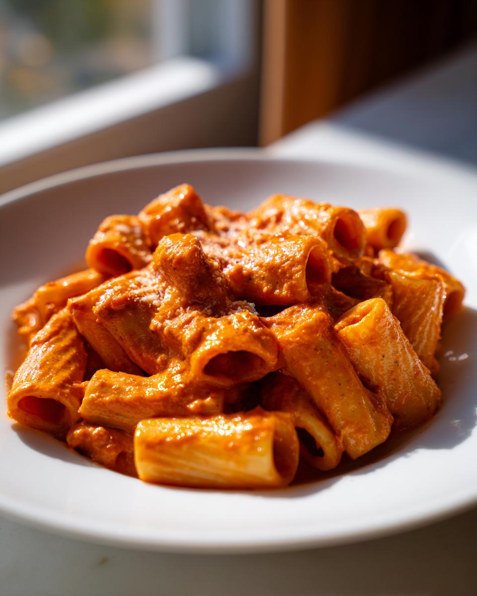 A close-up shot of rigatoni pasta coated in rich, creamy tomato pasta sauce, served in a white bowl.