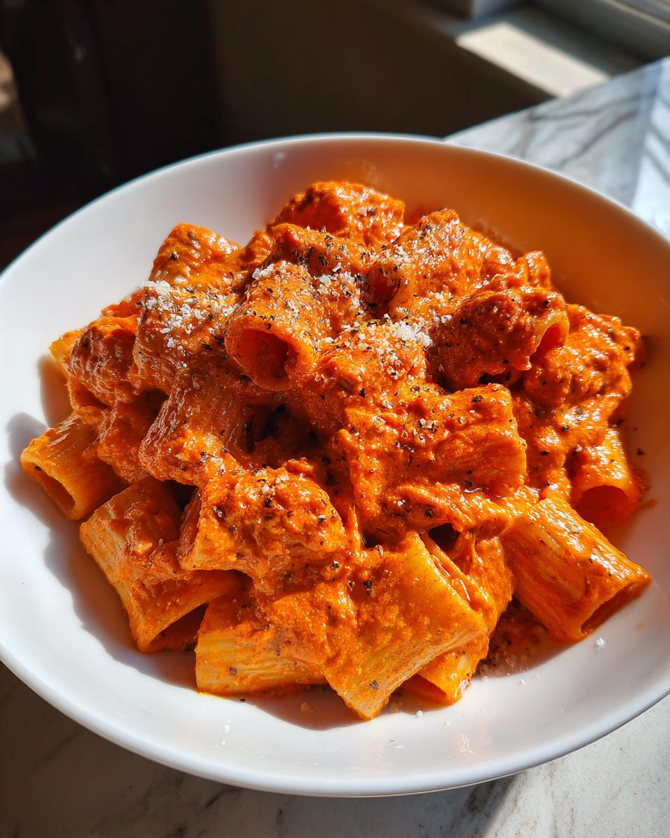 Close-up of rigatoni pasta coated in a thick, creamy tomato pasta sauce, topped with grated cheese and black pepper.