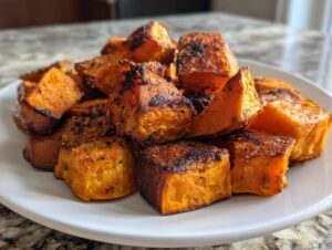 Close-up of perfectly roasted sweet potato chunks with caramelized, slightly charred edges piled on a white plate.