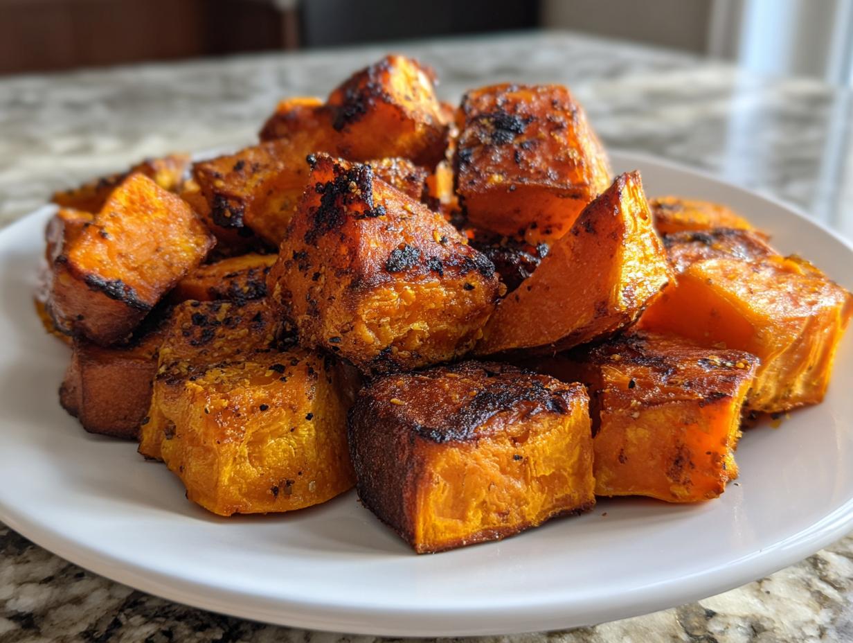 Close-up of perfectly roasted sweet potato chunks with caramelized, slightly charred edges piled on a white plate.