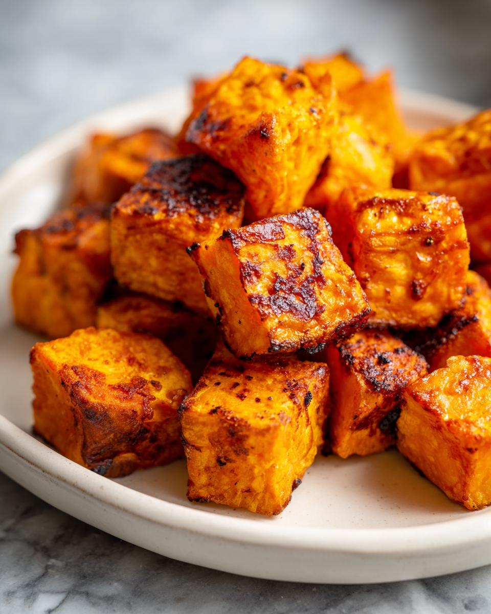 Close-up of perfectly roasted sweet potato cubes piled on a white plate, showing crispy, caramelized edges.