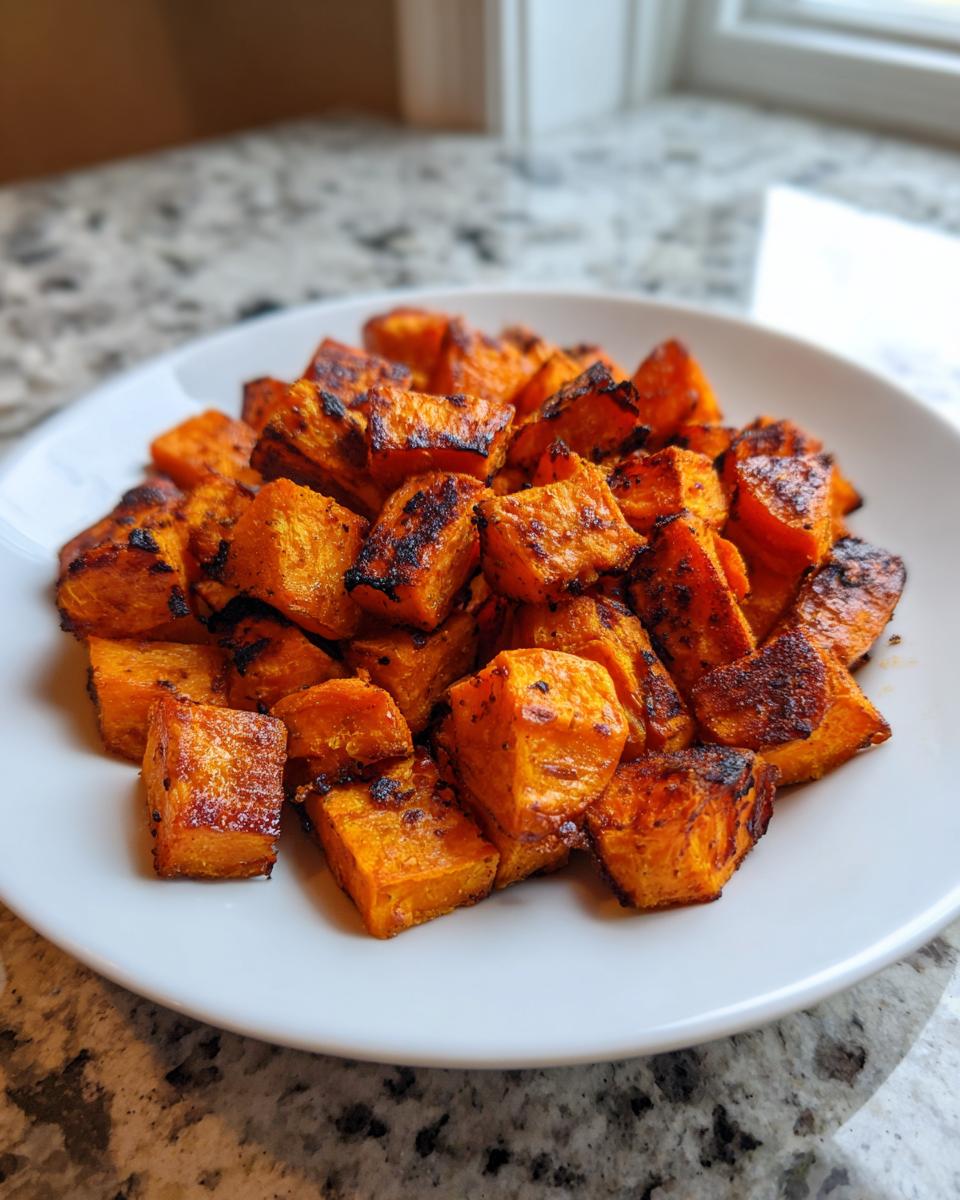 A close-up of perfectly caramelized and crispy roasted sweet potato cubes piled on a white plate.