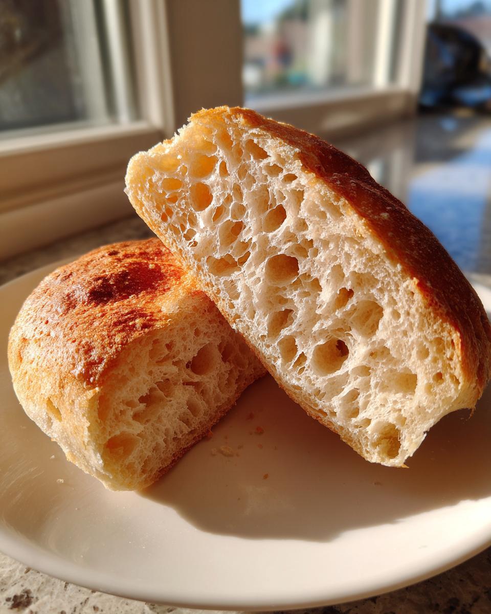 Close-up of homemade english muffins split open showing the airy, hole-filled crumb structure.