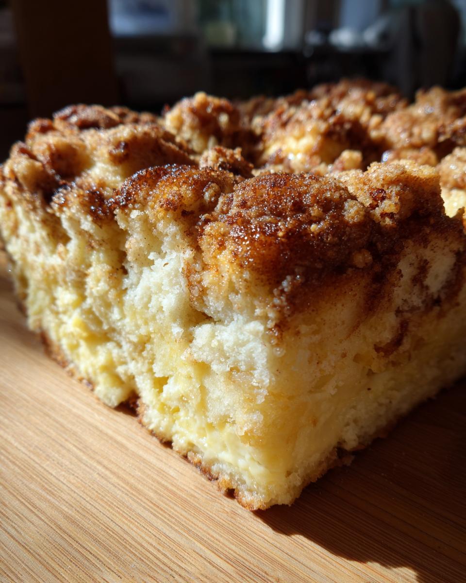 Close-up of a fluffy slice of french toast casserole with a rich, sugary cinnamon streusel topping.