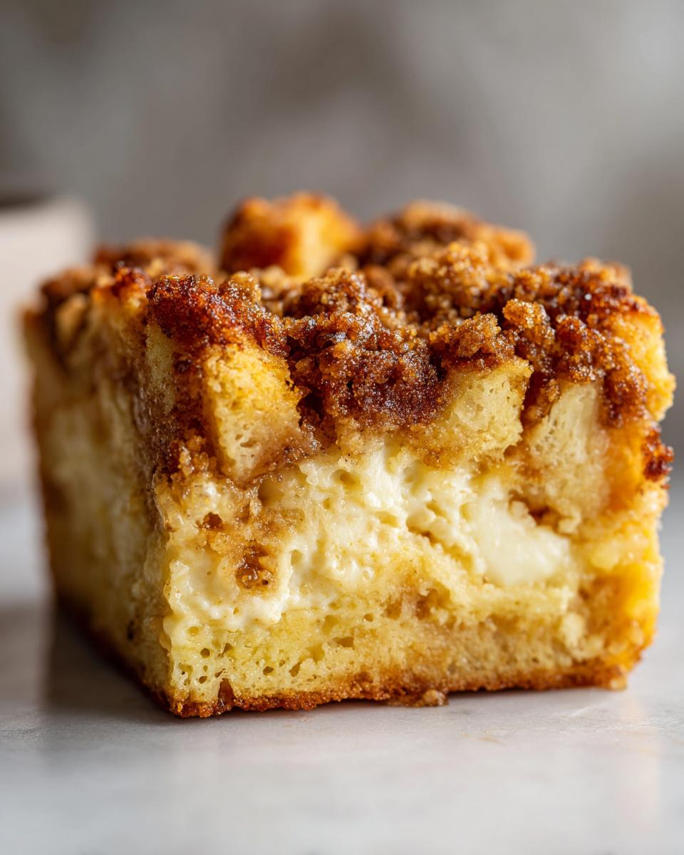 A close-up, cross-section view of a square slice of fluffy french toast casserole with a creamy center and brown sugar crumble topping.