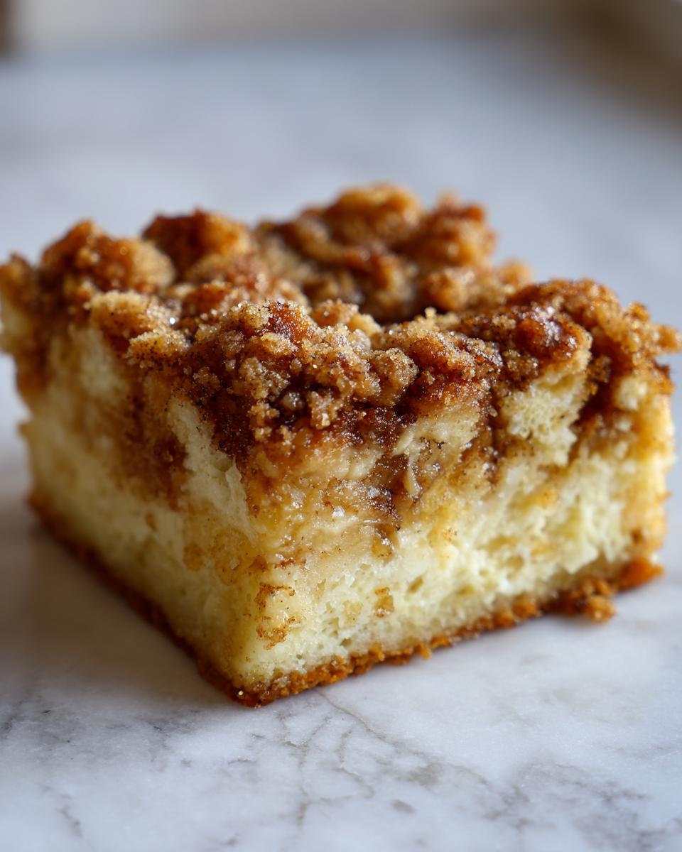 Close-up of a fluffy french toast casserole square topped with thick cinnamon streusel.