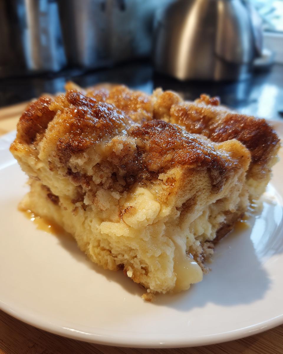 A close-up of a moist, fluffy slice of french toast casserole with a caramelized cinnamon-sugar topping.