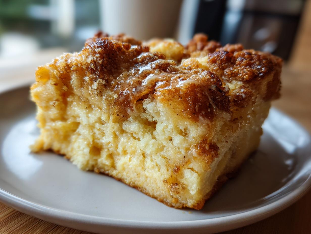 A close-up of a fluffy slice of french toast casserole topped with cinnamon streusel and a light glaze.