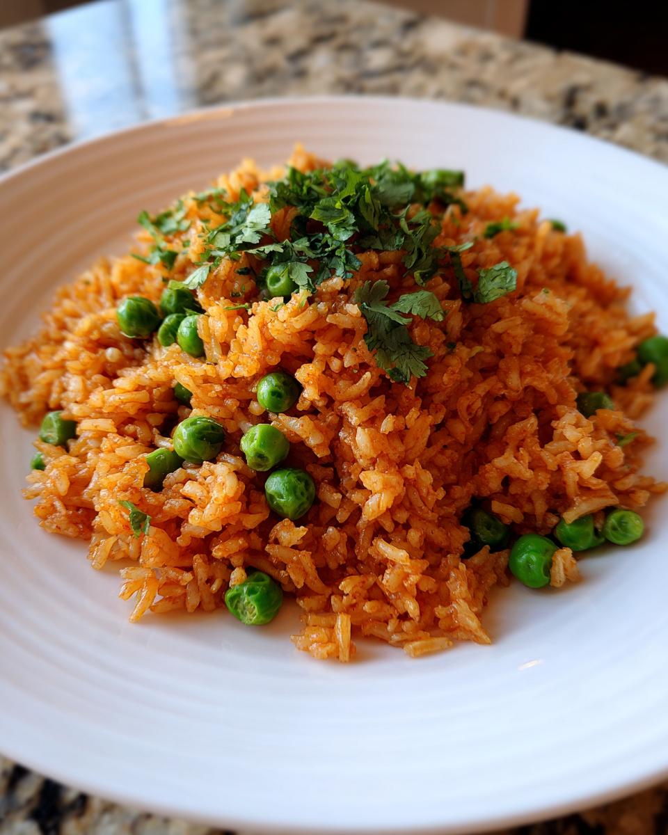 A mound of fluffy, orange-red Mexican rice recipe mixed with bright green peas and topped with fresh cilantro.