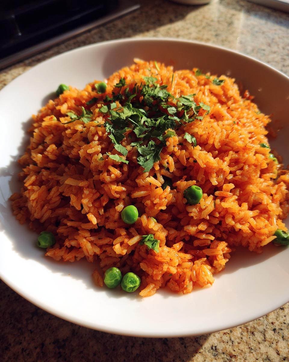 A bowl of fluffy, orange-red mexican rice recipe garnished with bright green peas and fresh cilantro.