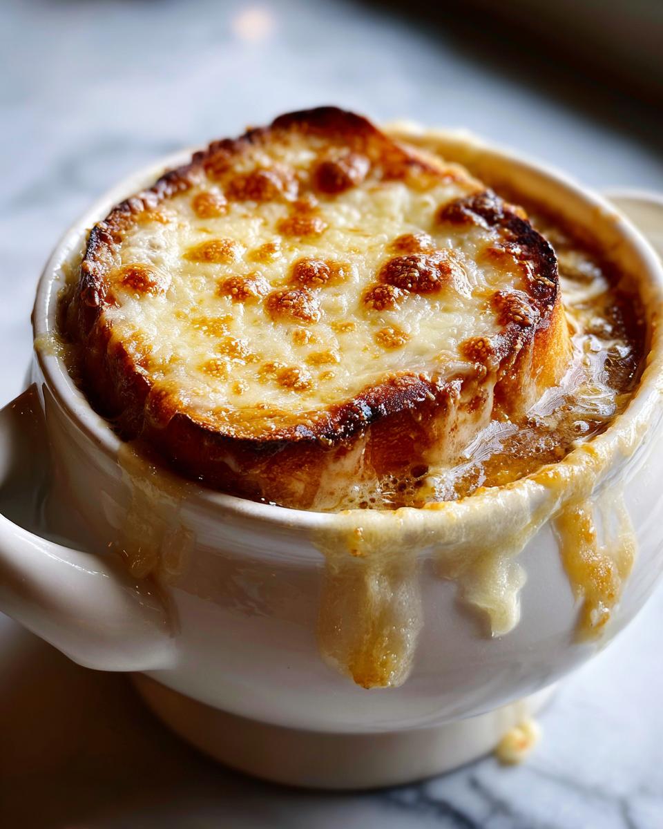 Close-up of a rich bowl of french onion soup topped with a thick slice of toasted bread and melted, bubbly Gruyère cheese.