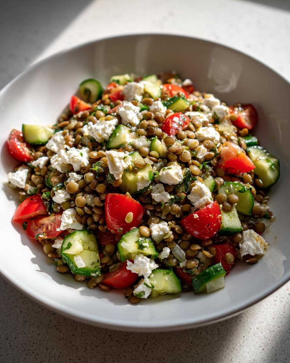 A vibrant bowl of fresh lentil salad mixed with chopped cucumber, cherry tomatoes, and crumbled feta cheese.