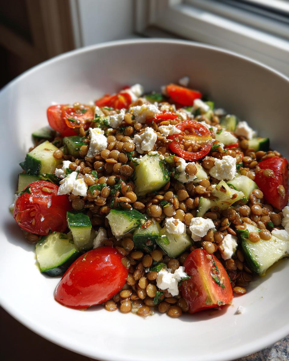 Close-up of a fresh lentil salad mixed with chopped cucumber, cherry tomatoes, and crumbled white feta cheese.