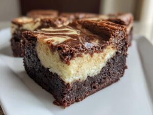 Close-up of a fudgy cheesecake brownies square showing the dark brownie base and swirled cream cheese topping.