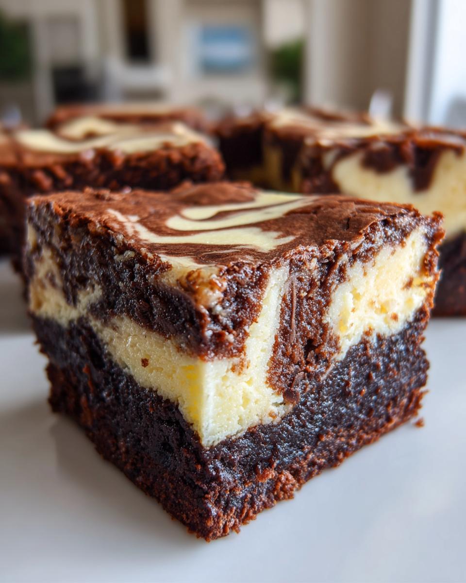 A close-up, macro shot of a fudgy cheesecake brownies square showing the rich chocolate base and cream cheese swirl.