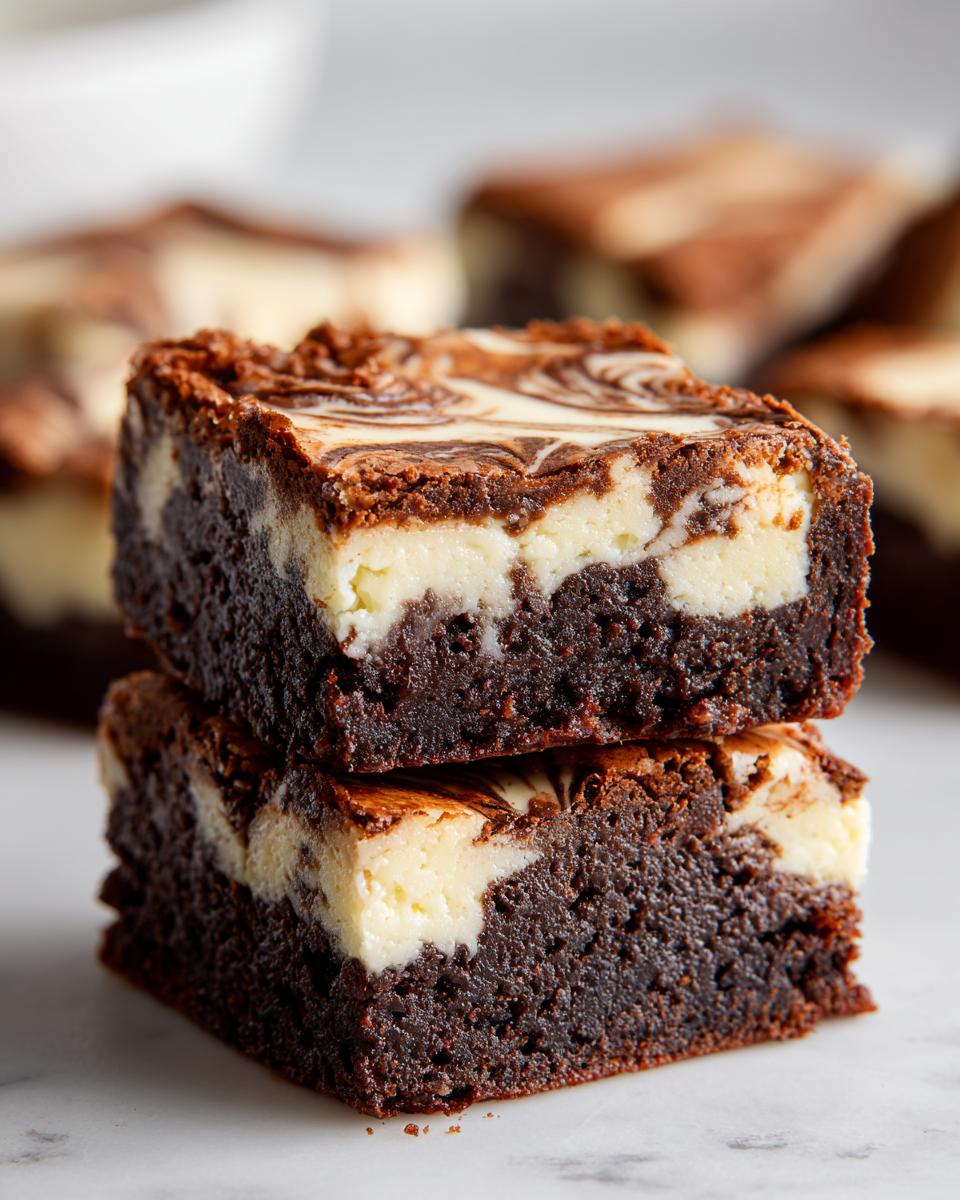 Two fudgy cheesecake brownies stacked, showing the dark chocolate base and creamy white cheesecake swirl topping.