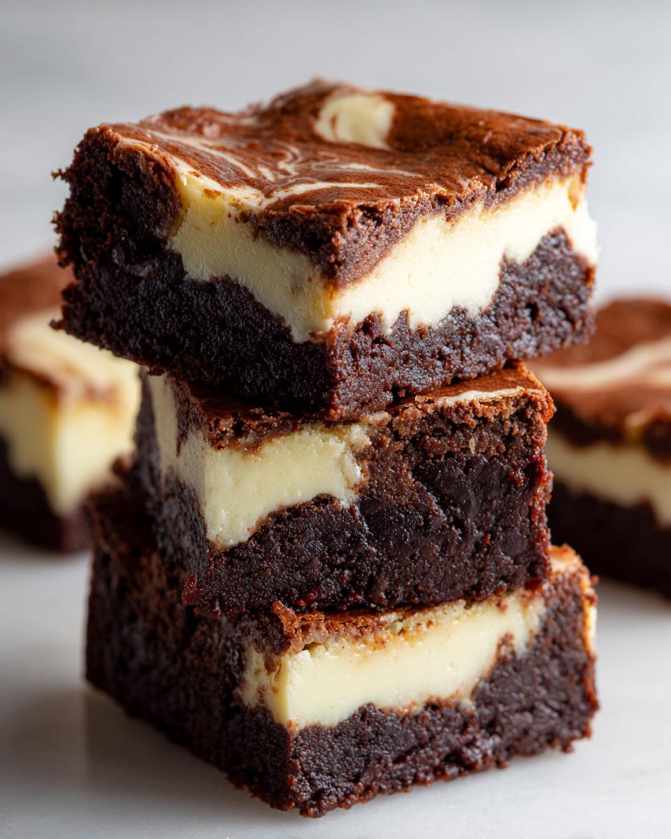 A stack of three fudgy cheesecake brownies showing a thick cream cheese layer and marbled top.