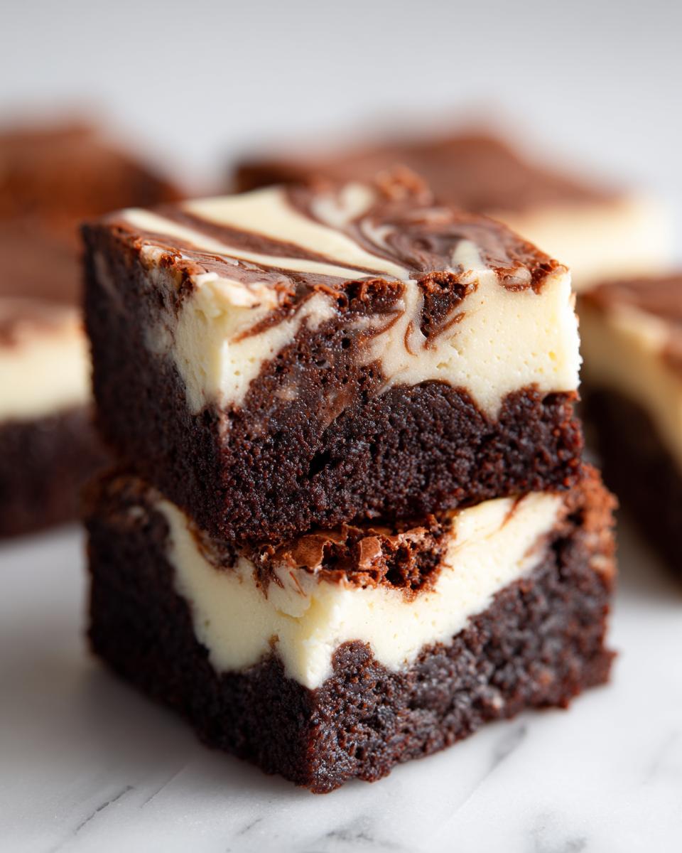 A close-up stack of two fudgy cheesecake brownies featuring a rich chocolate base and a marbled cream cheese swirl topping.