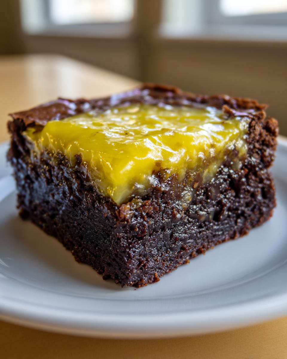 A close-up of a fudgy square of Lemon Brownies topped with a bright, glossy layer of lemon curd.