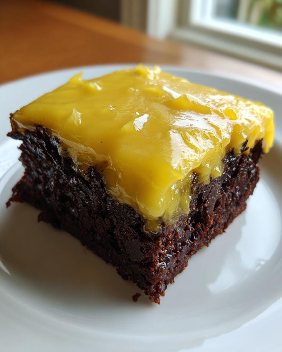Close-up of a fudgy chocolate brownie square topped with a thick, bright yellow lemon frosting or curd, served on a white plate.