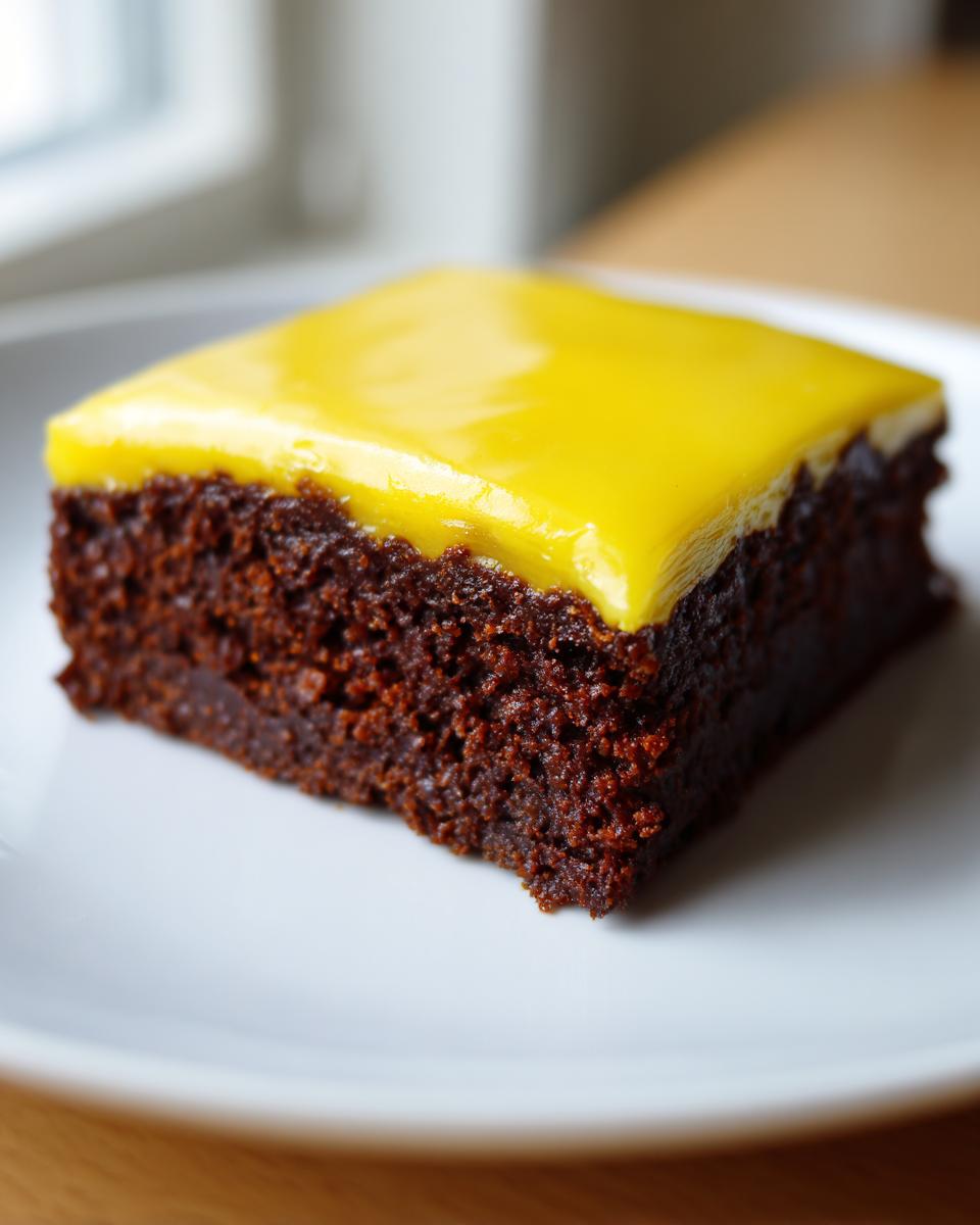 Close-up of a single square of fudgy chocolate Lemon Brownies topped with a thick, bright yellow lemon glaze.
